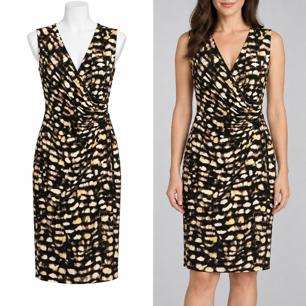Lauren Ralph Lauren Sheath Dress Women 4 Brown Abstract Animal Print Ruched Wrap